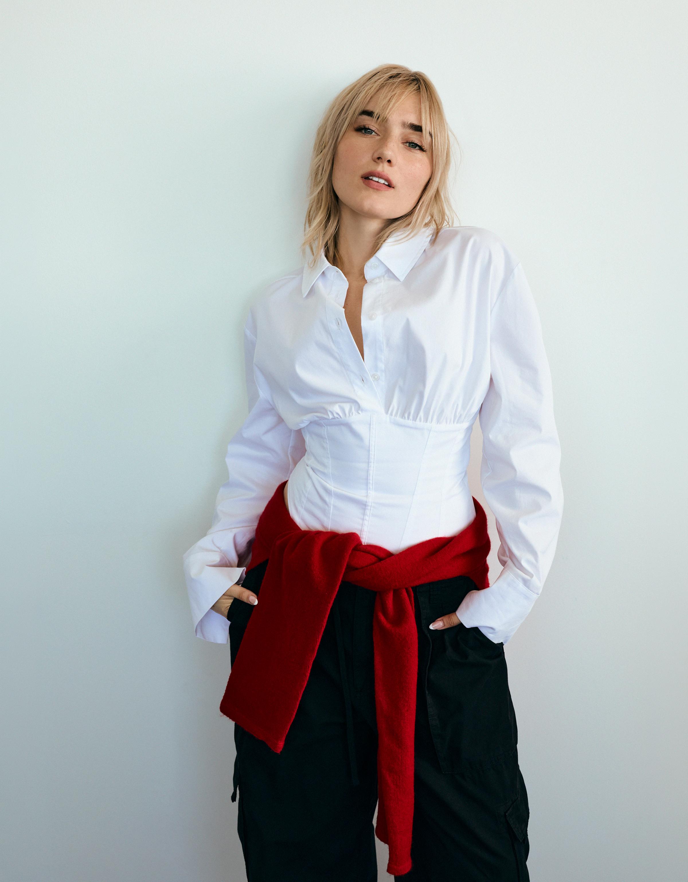 Long sleeve corset-effect shirt — White
