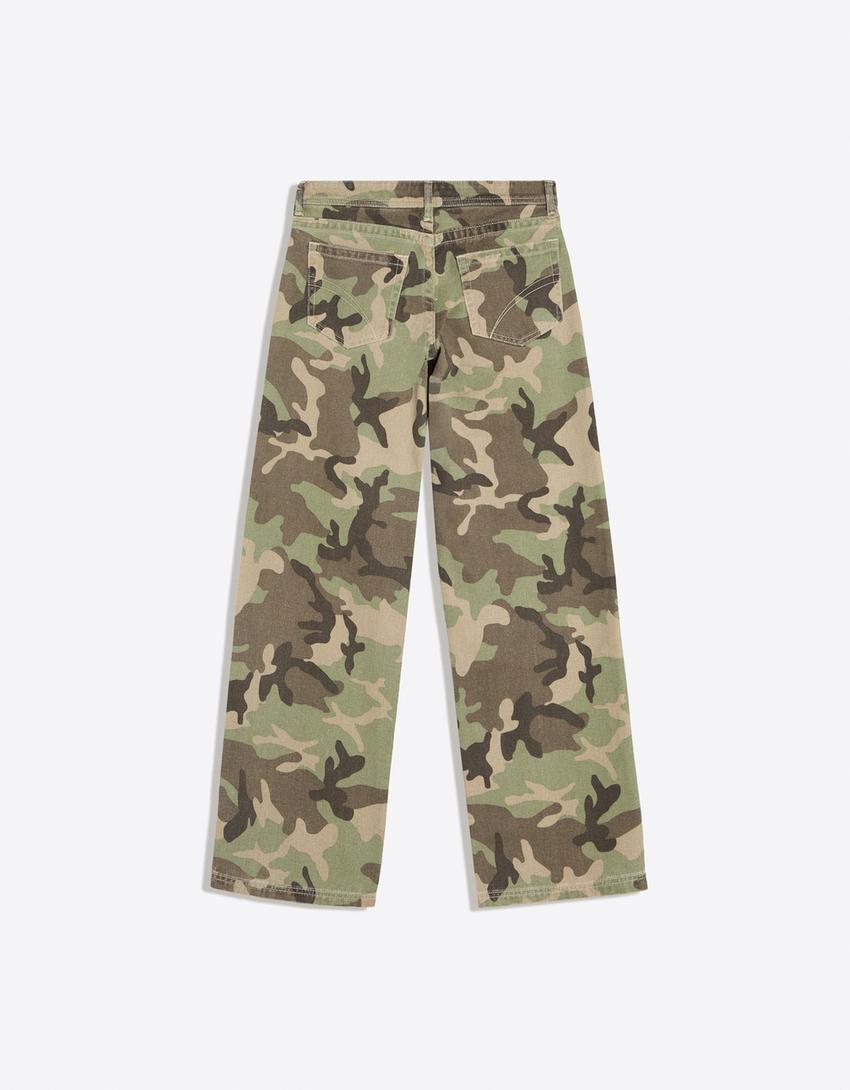 Printed straight-leg trousers-Khaki