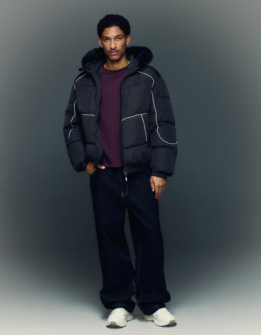 Jakna iz tehnične tkanine s kapuco iz umetnega krzna-Črna