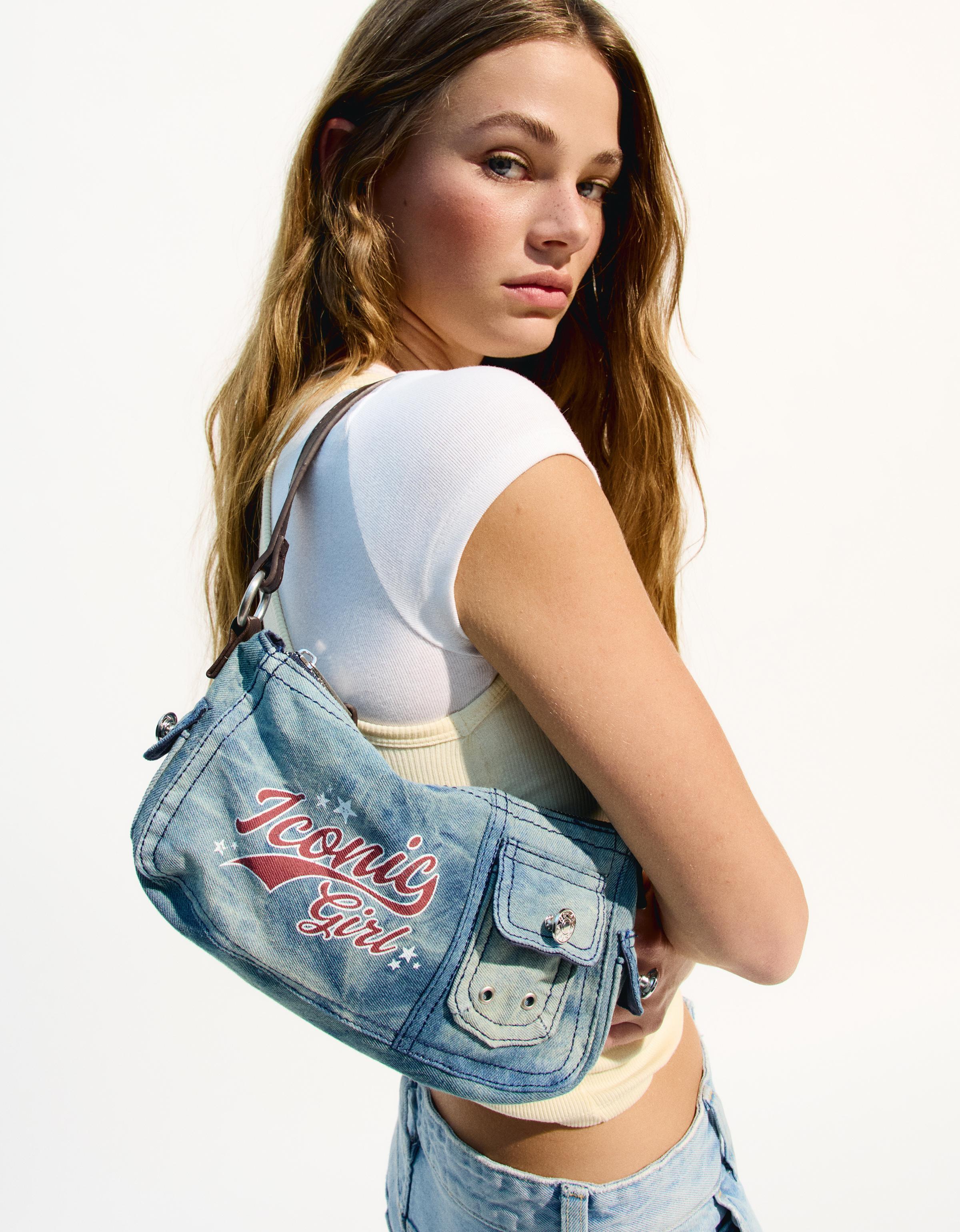 Bershka Schultertasche Aus Denim Mit Print Damen Blau