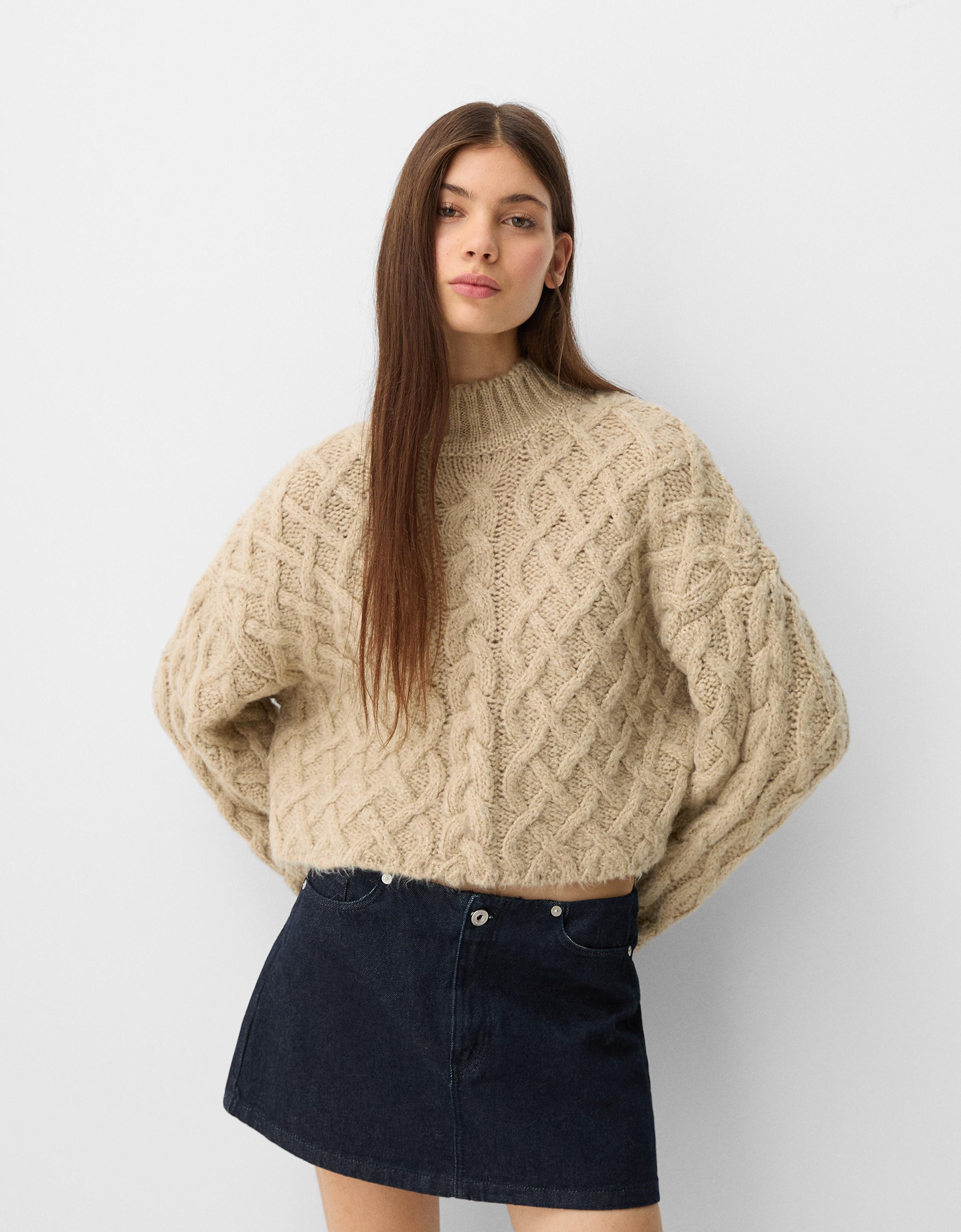 Bershka Pullover Mit Stehkragen Und Flechtmuster Damen S Beige