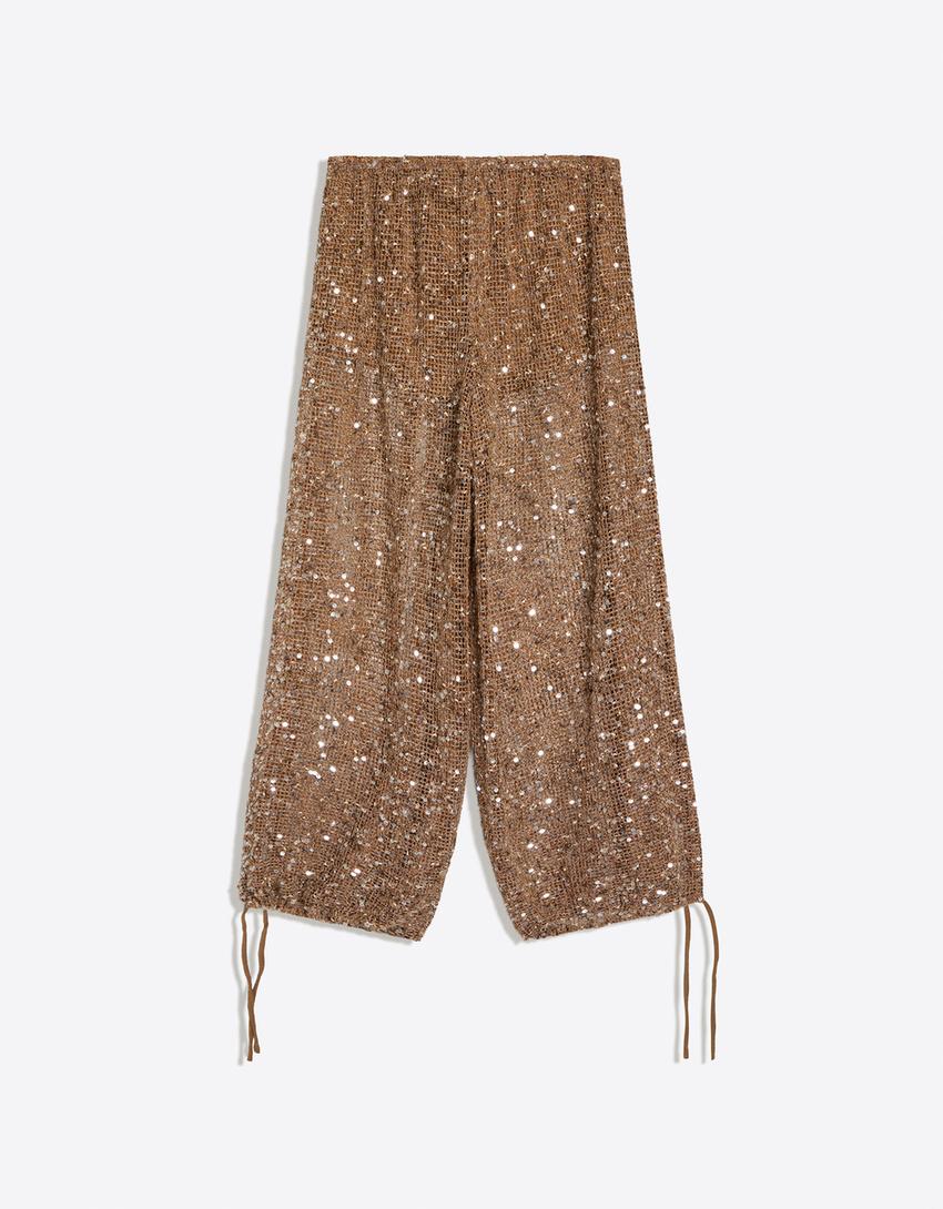 Sequin sarouel trousers-Camel