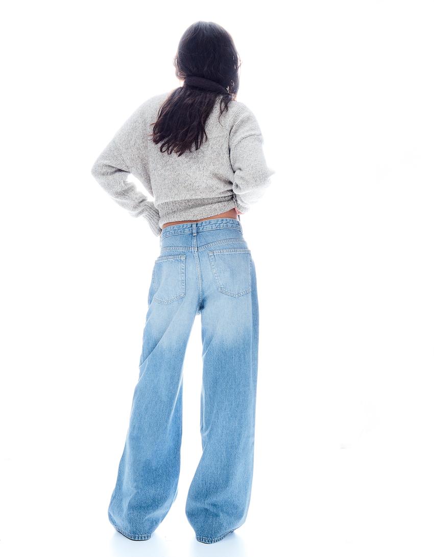 Wide leg jeans met hoge taille en overslag-Gewassen blauw