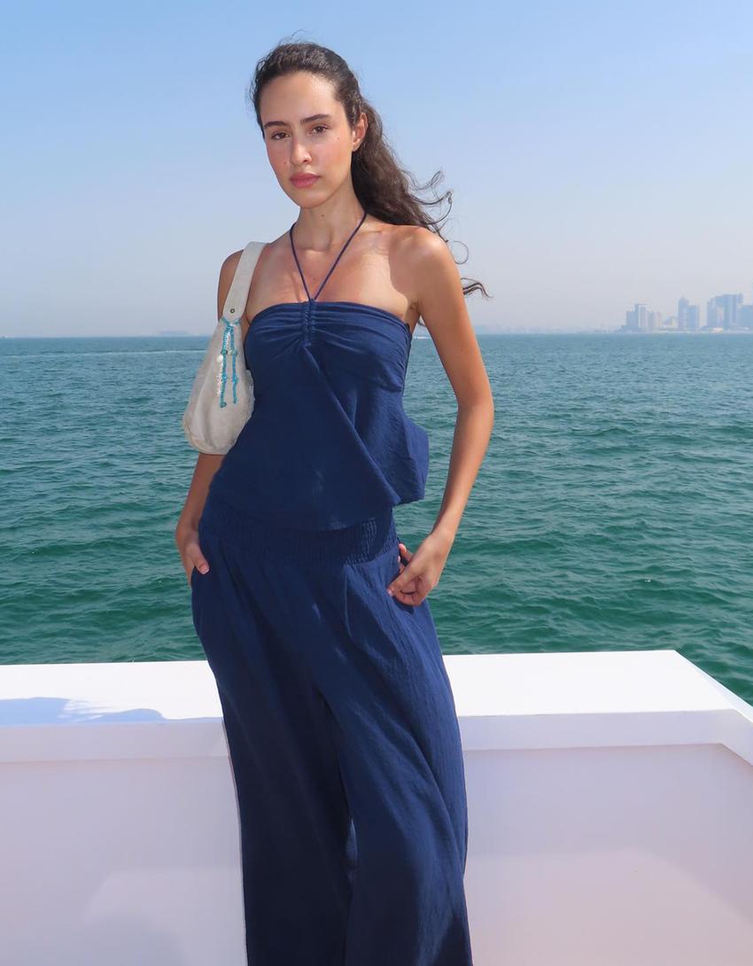 Wide-leg rustic trousers with darts-Navy-1