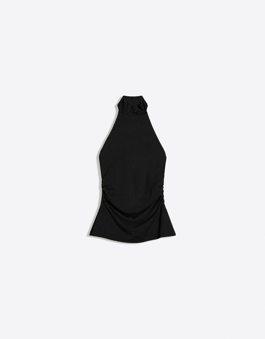 Gerafftes Neckholder-Top-Schwarz