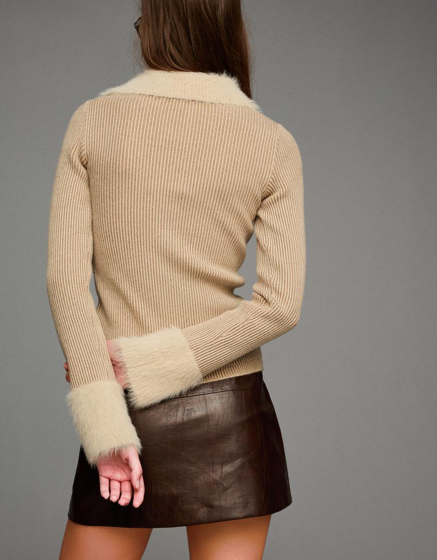 Cardigan zippé col fausse fourrure-Sable