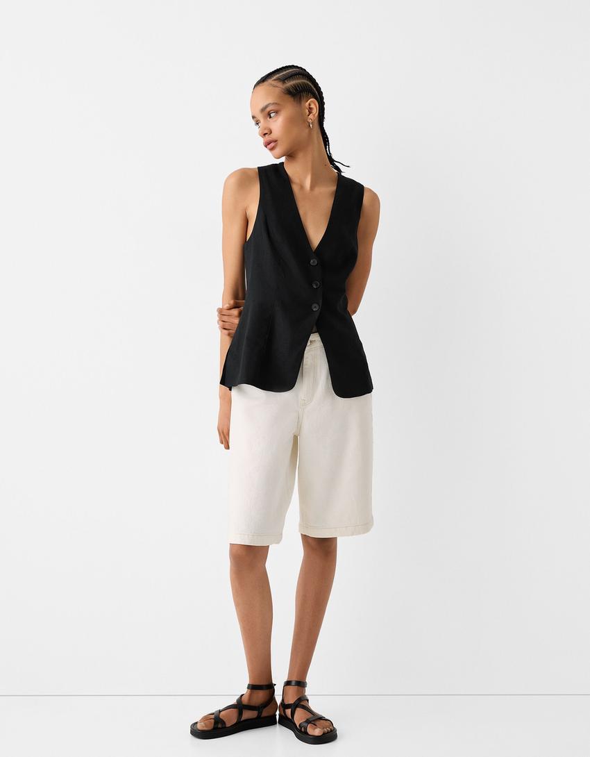 Fitted waistcoat with linen-Black-3