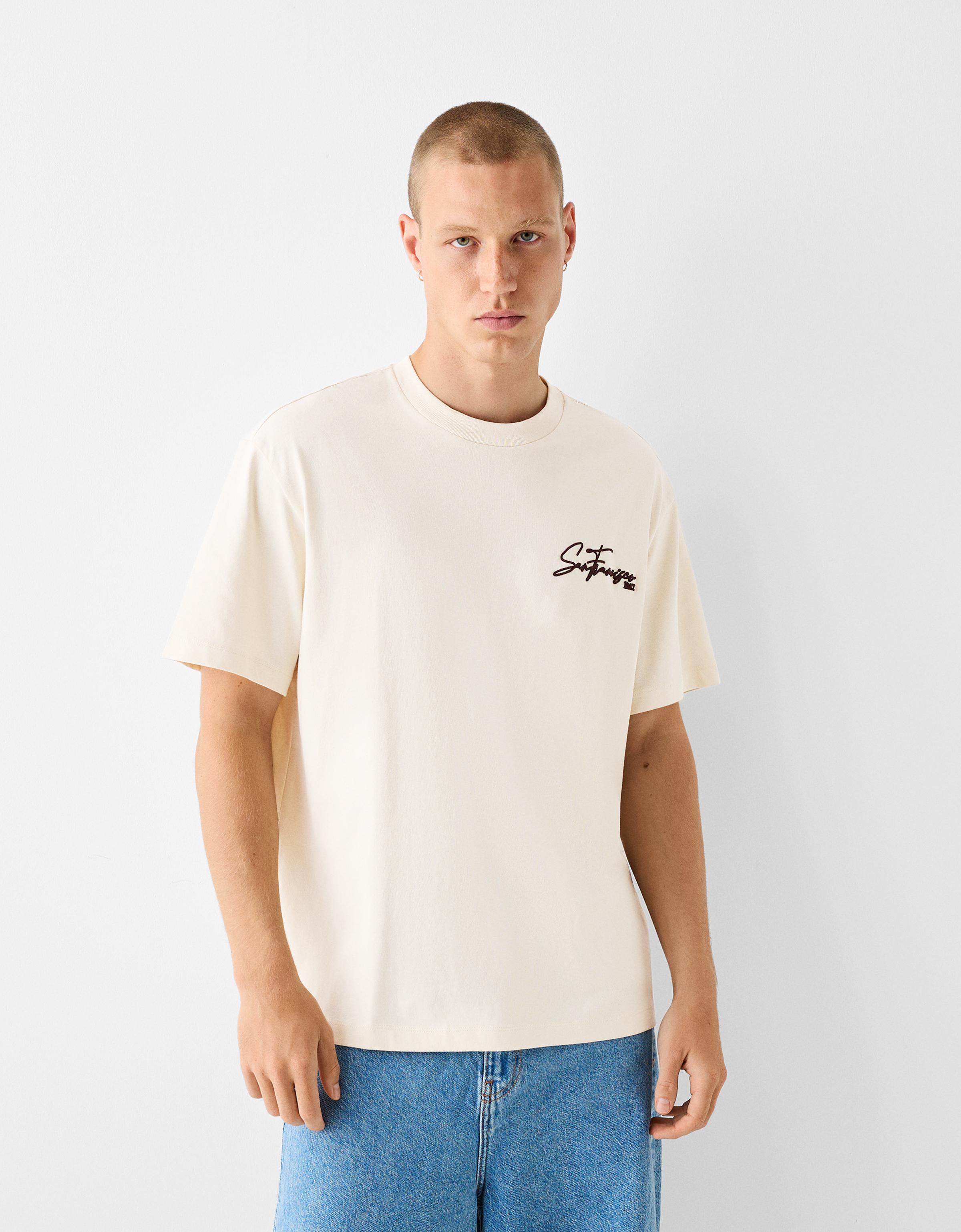 Bershka T-Shirt Im Boxy-Fit Mit Stickerei Herren L Camel