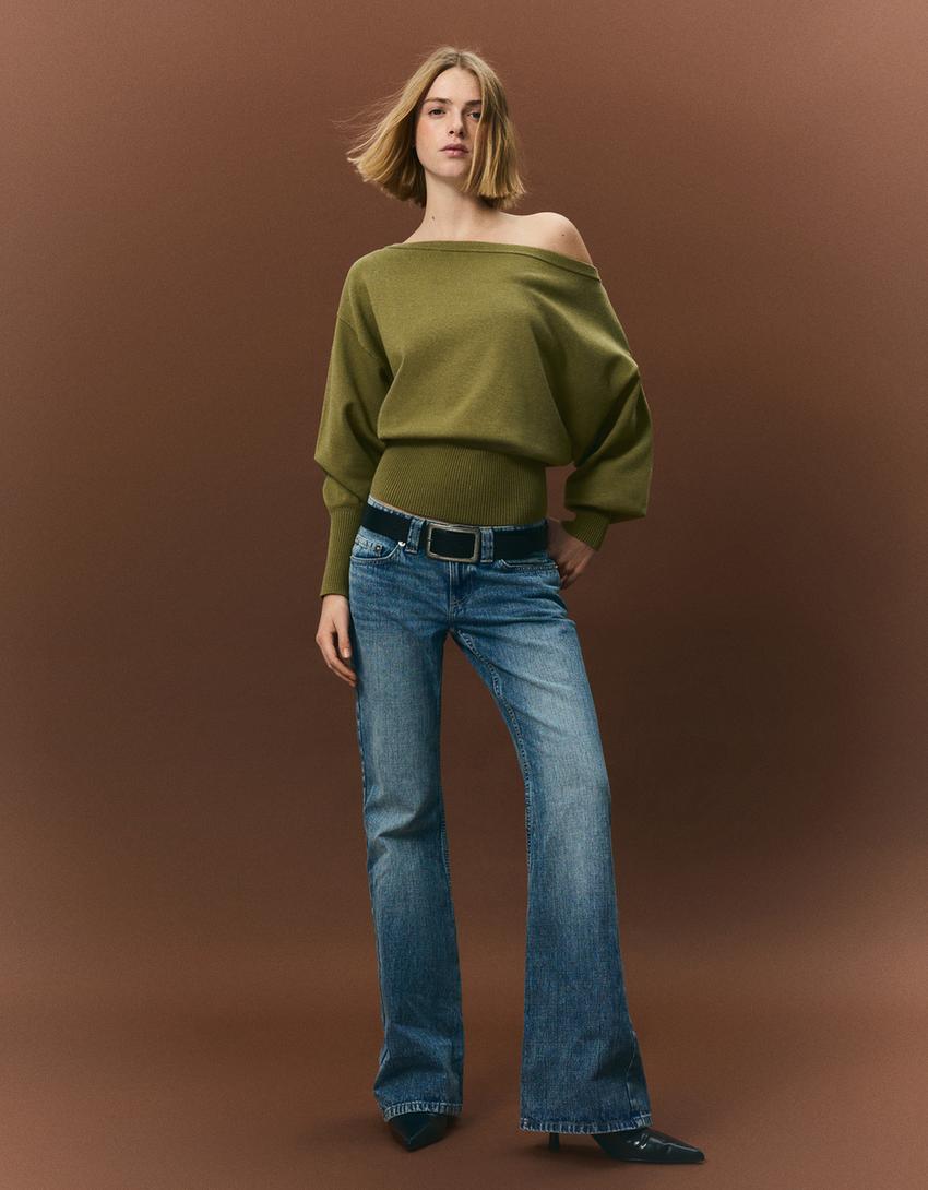 Asymmetrisk genser med ribbestrikket kant-Grønn