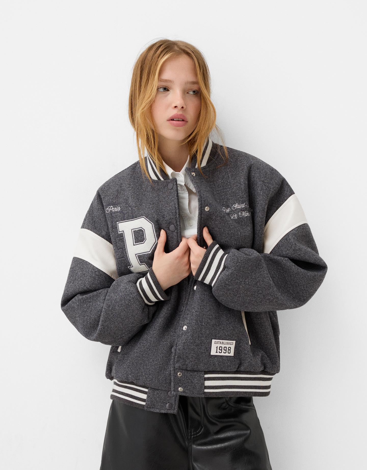 Bershka Cazadora Varsity Mujer M Gris