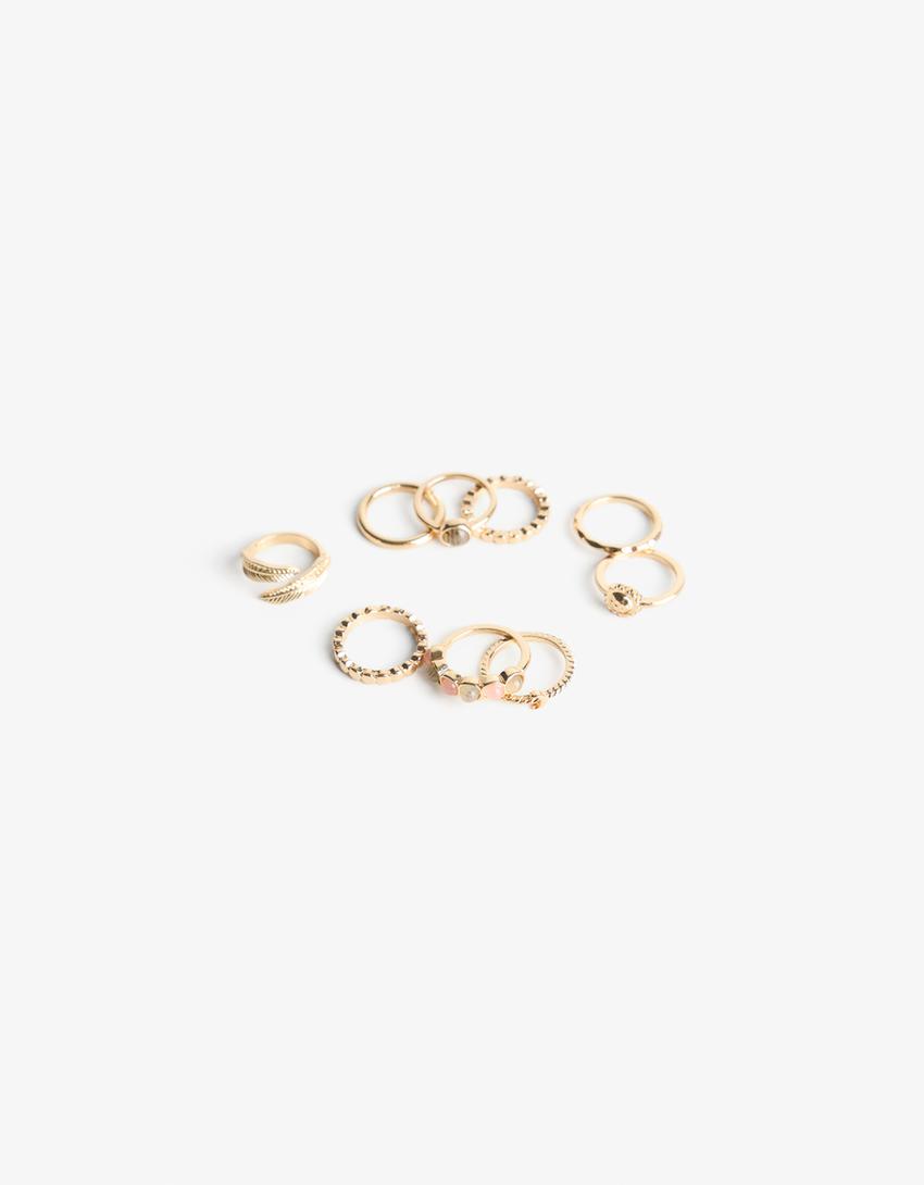 Pack of 9 rhinestone rings-Gold