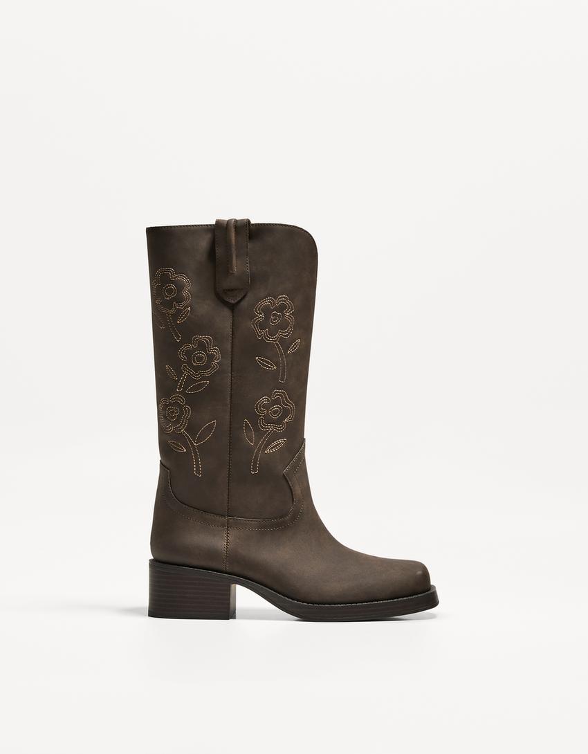 Platte cowboylaars met borduursel-Bruin