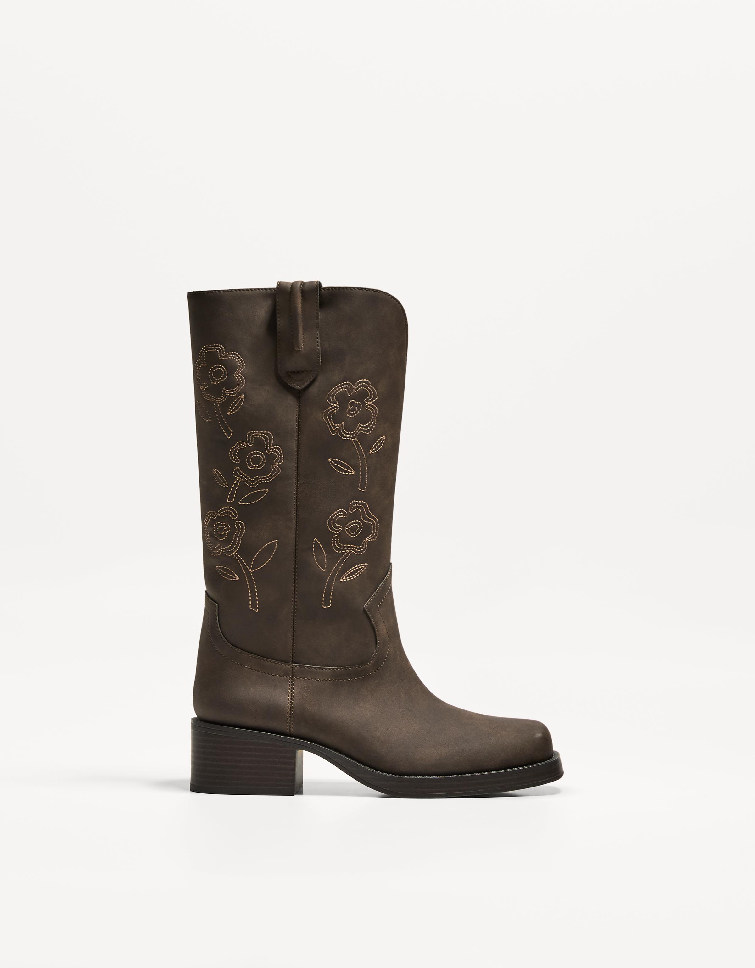 Bershka Absatzstiefel Im Cowboylook Mit Stickerei Damen 37 Braun