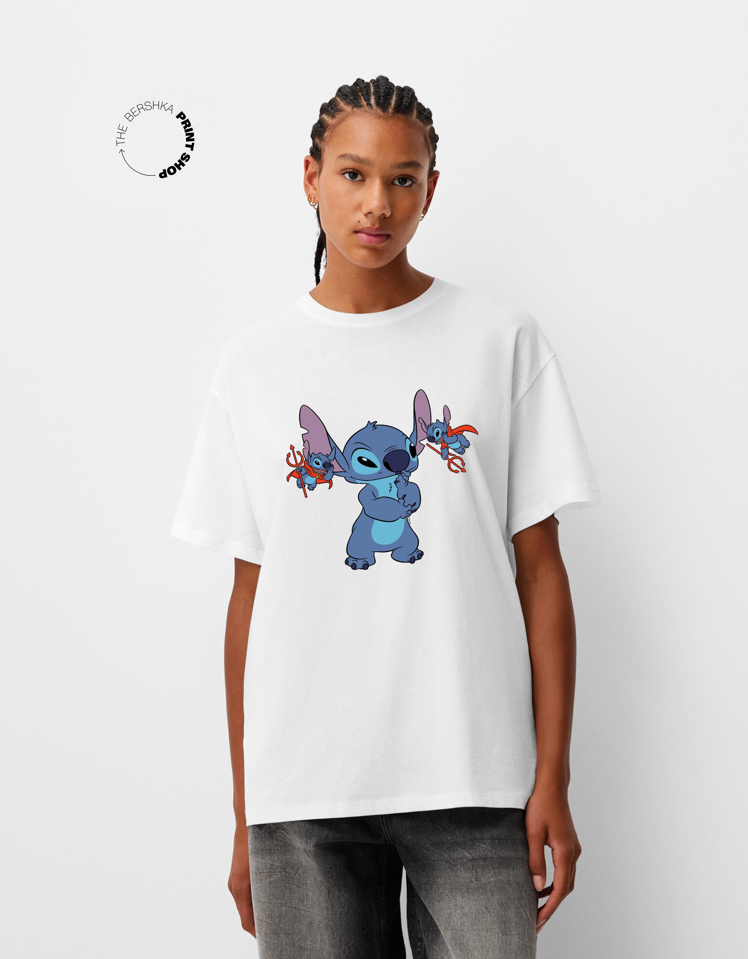 Bershka Oversize-T-Shirt Lilo & Stitch Damen Xs Grbrochenes Weiss