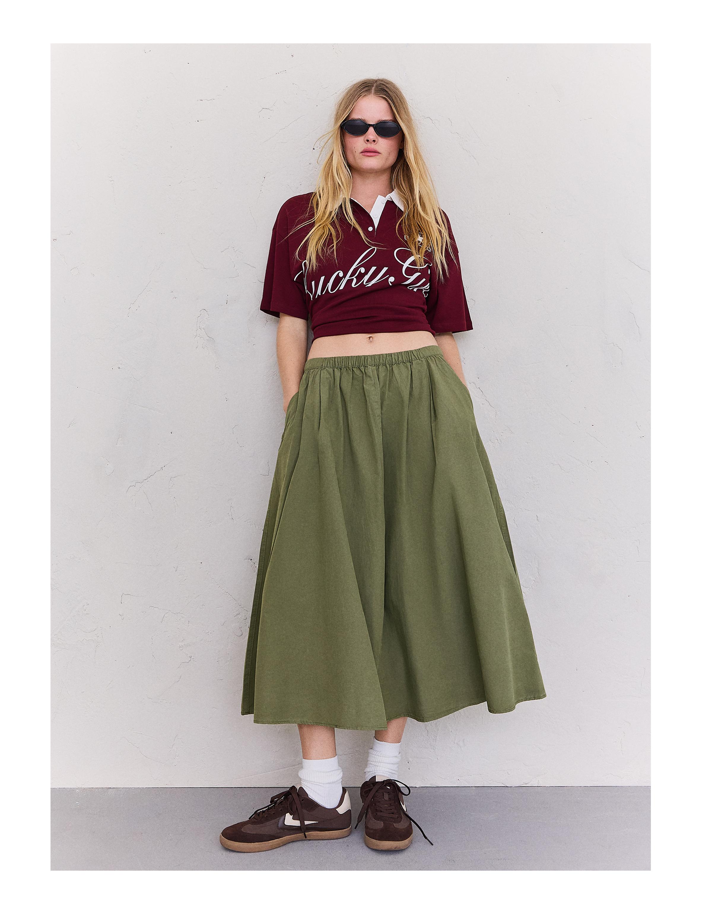 Elasticated waist midi skirt — Khaki