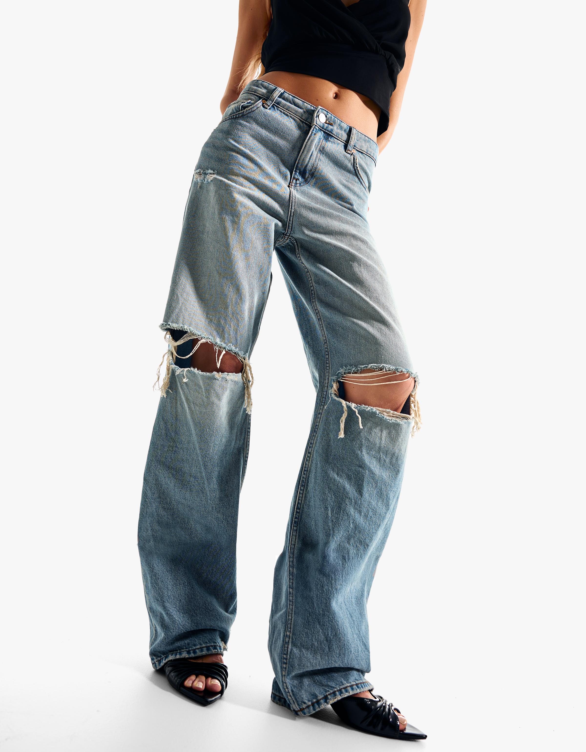 Yüksek bel distressed geniş paça jean - Görsel 40