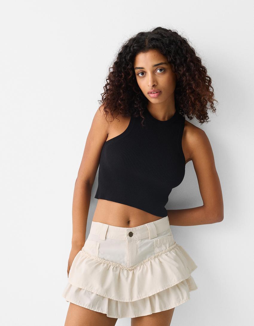 Frilled mini skirt-Cream