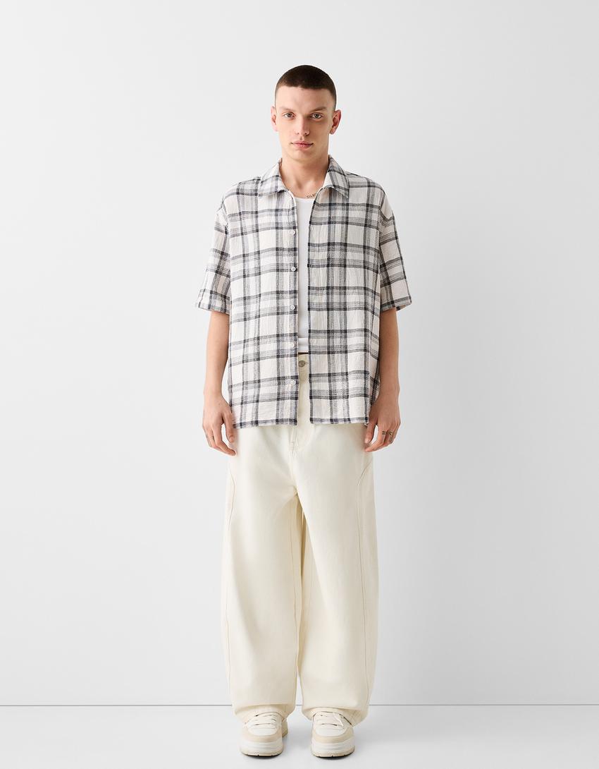 Chemise manches courtes rustique carreaux-Gris-3