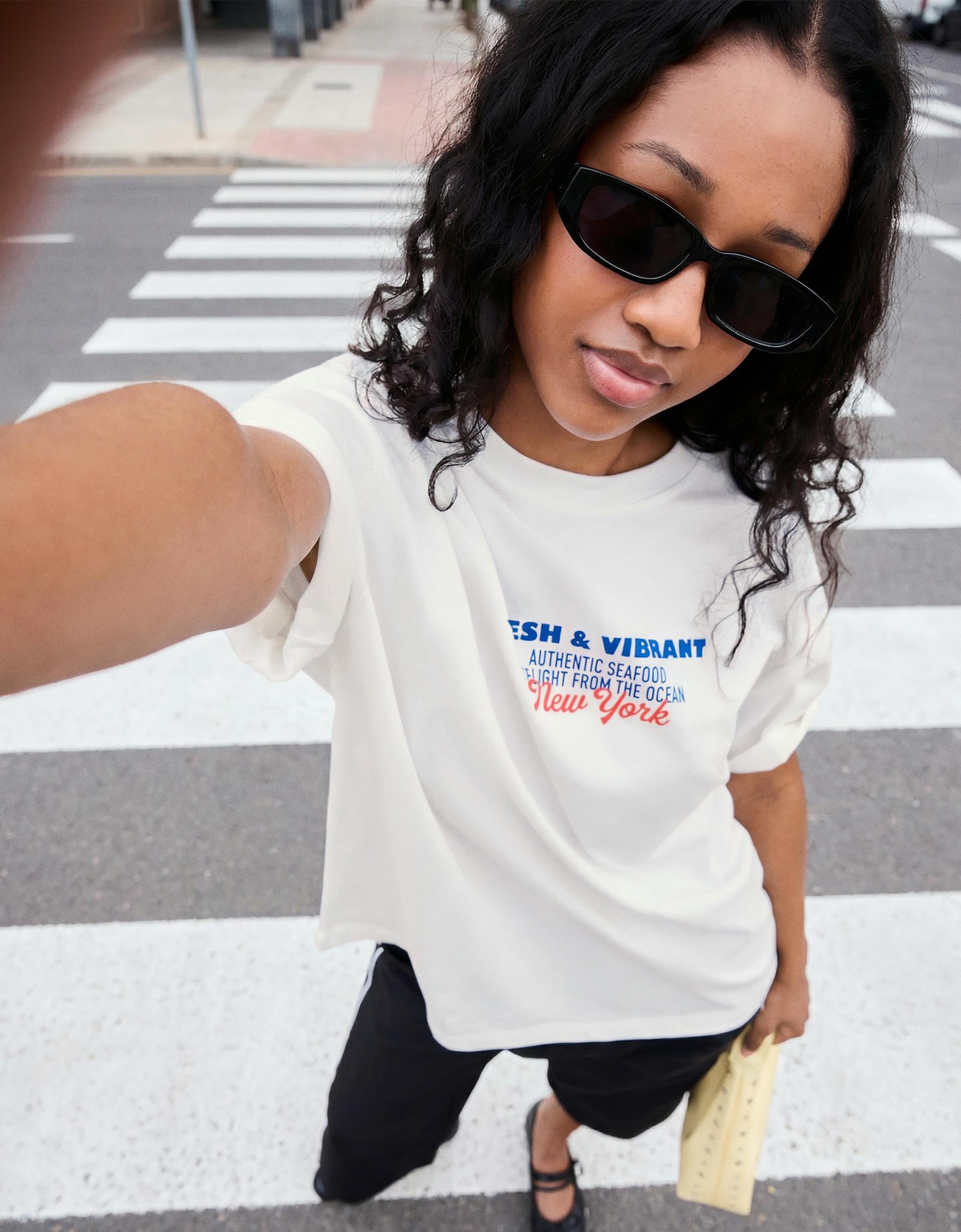 Bershka Camiseta Manga Corta Oversize Print Mujer L Blanco Roto