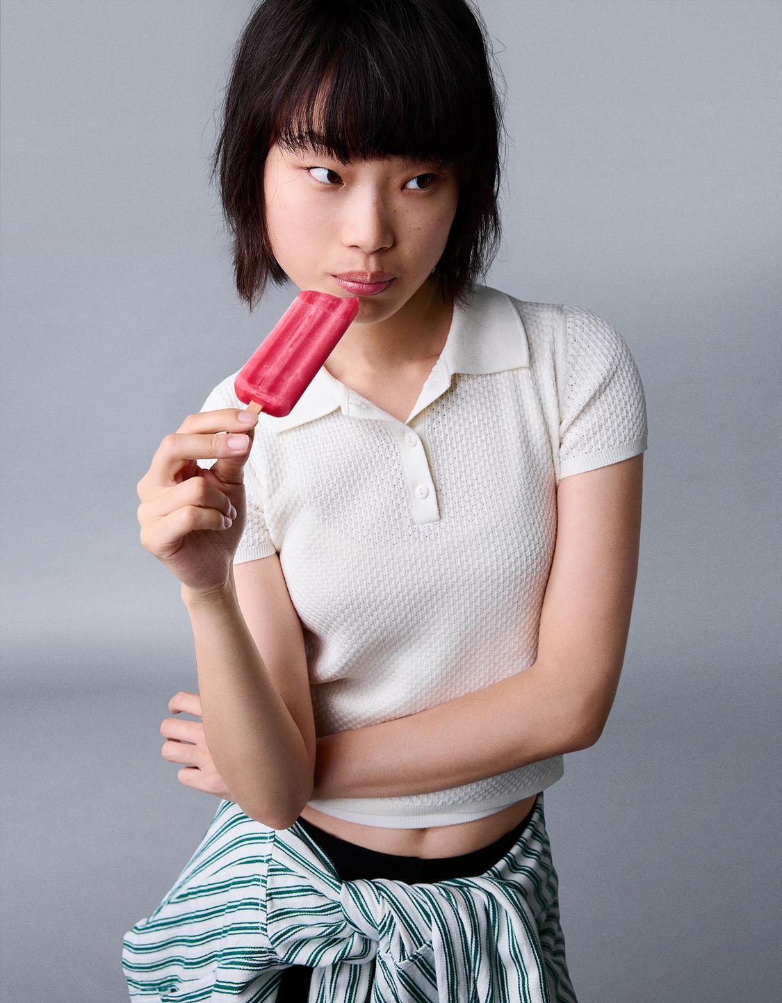 Textured polo collar short sleeve sweater