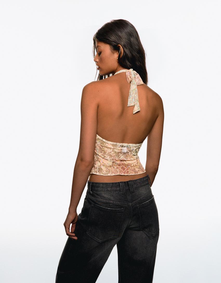 Printed tulle halter top-Green-1