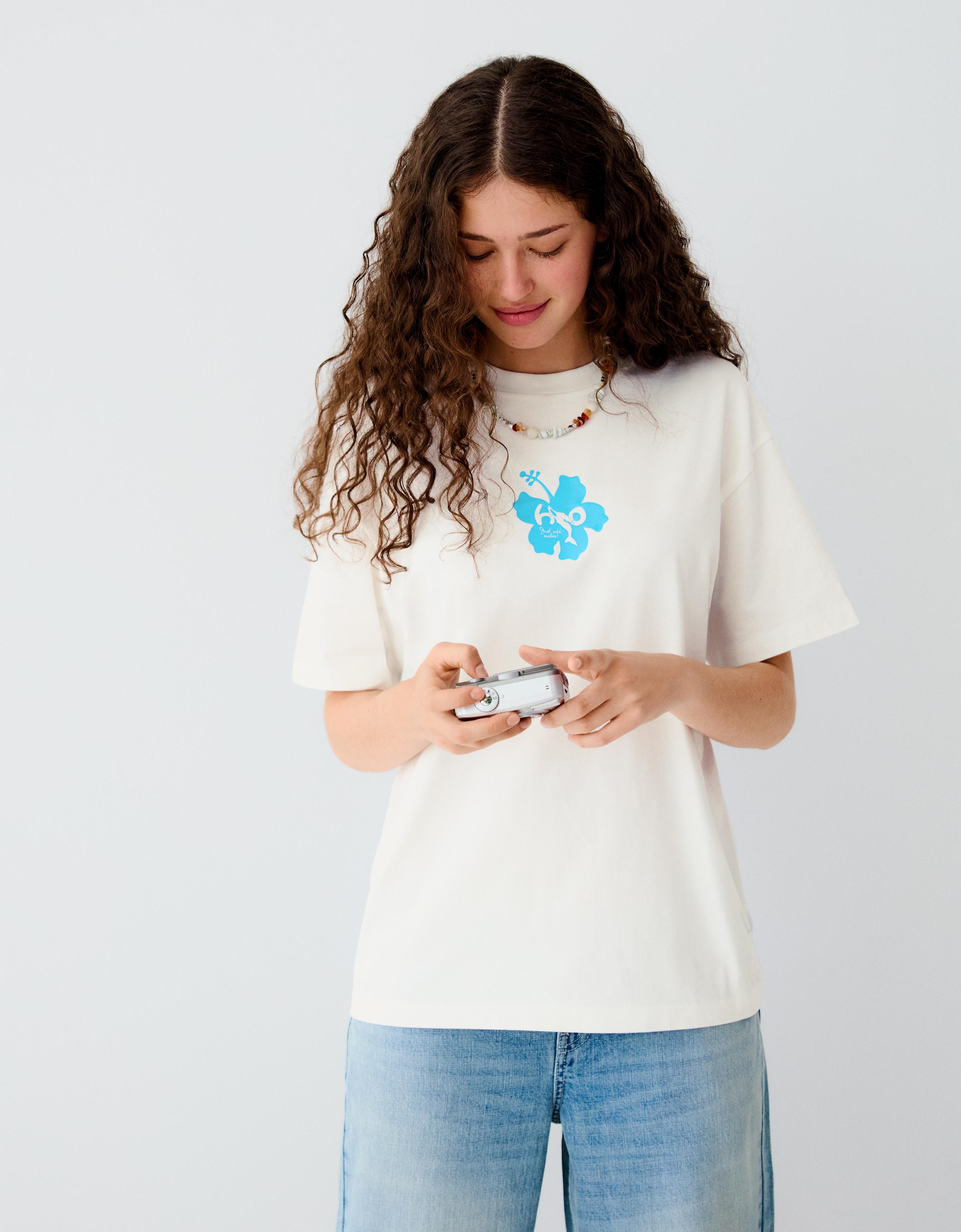 Bershka Camiseta Oversize Print H2O Mujer L Blanco Roto