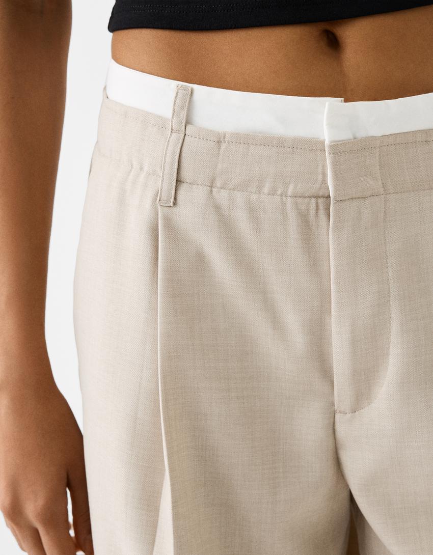 Wide-leg tailored fit trousers with contrast waist detail-Camel