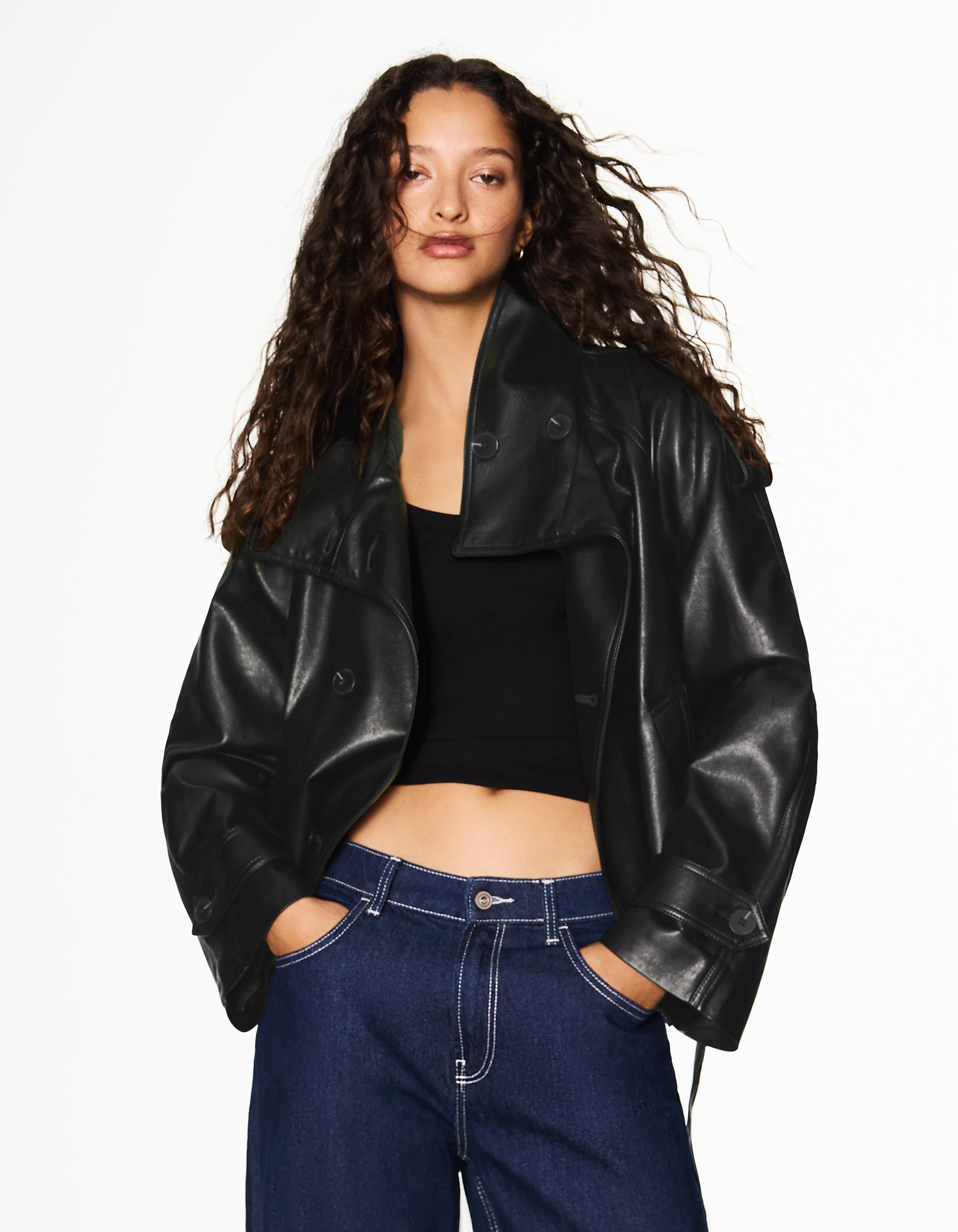 Short leather effect trench jacket — Black