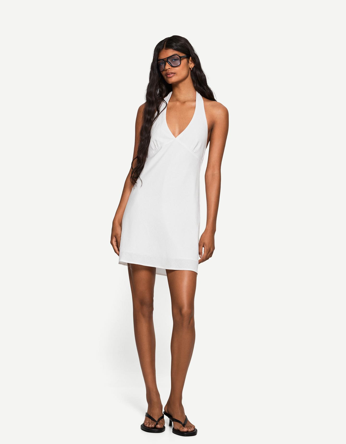 Bershka Vestido Mini Halter Con Lino Mujer M Blanco