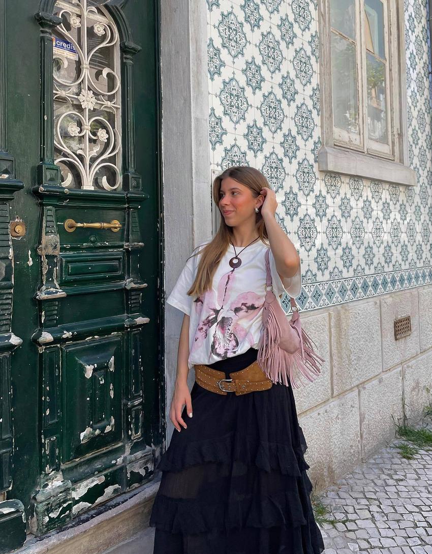 Tricou mânecă scurtă oversize print-Alb murdar