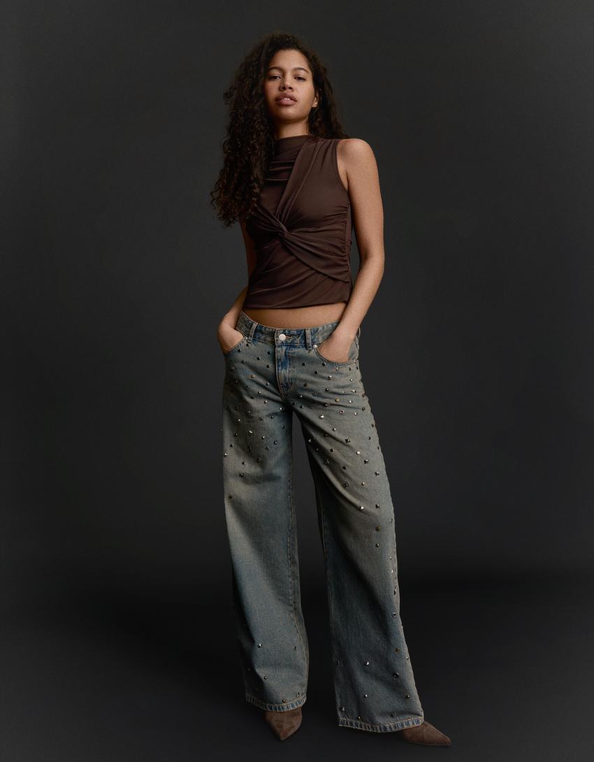 Top tulle à nœuds-Marron