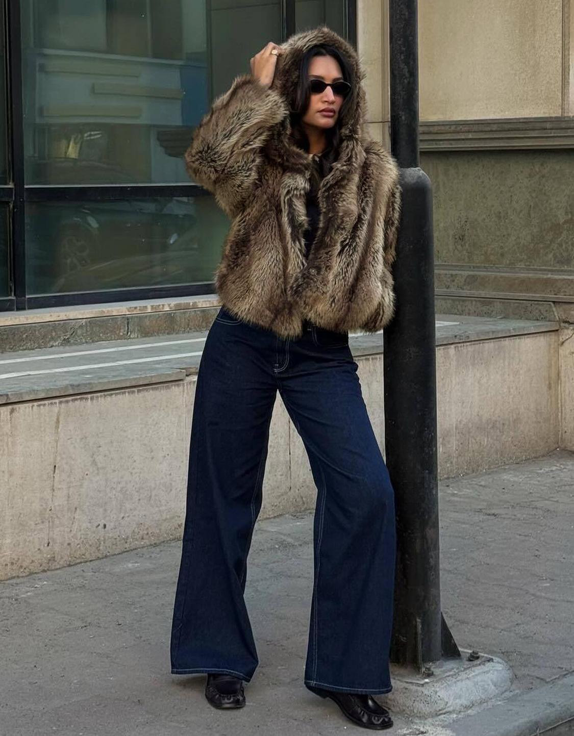 Hooded faux fur jacket