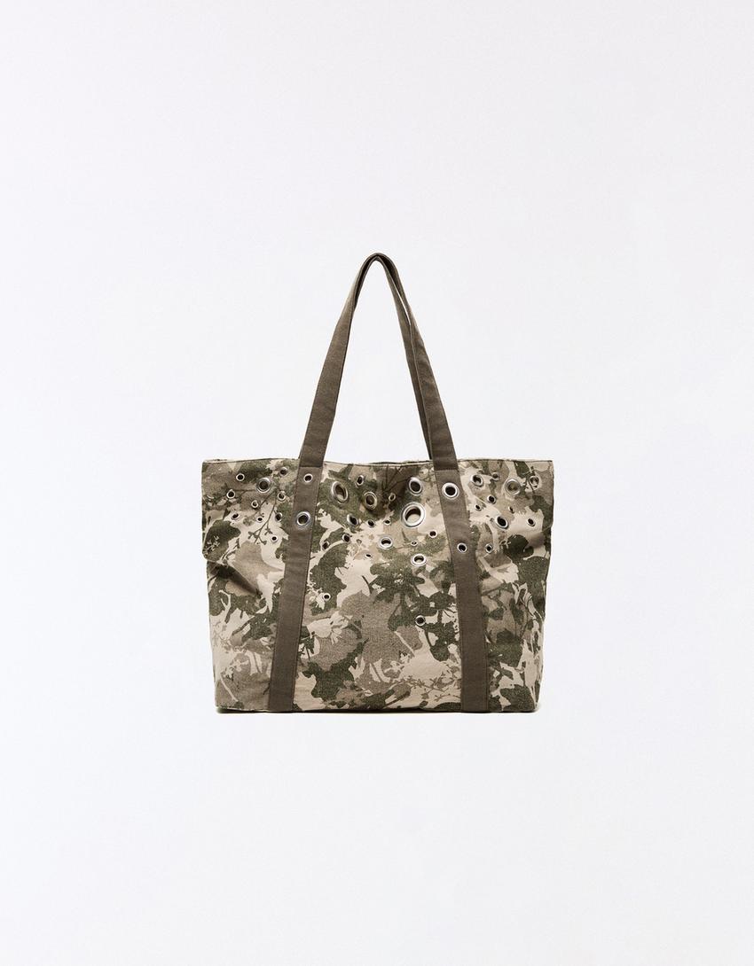 Shopper bag with eyelets-Khaki