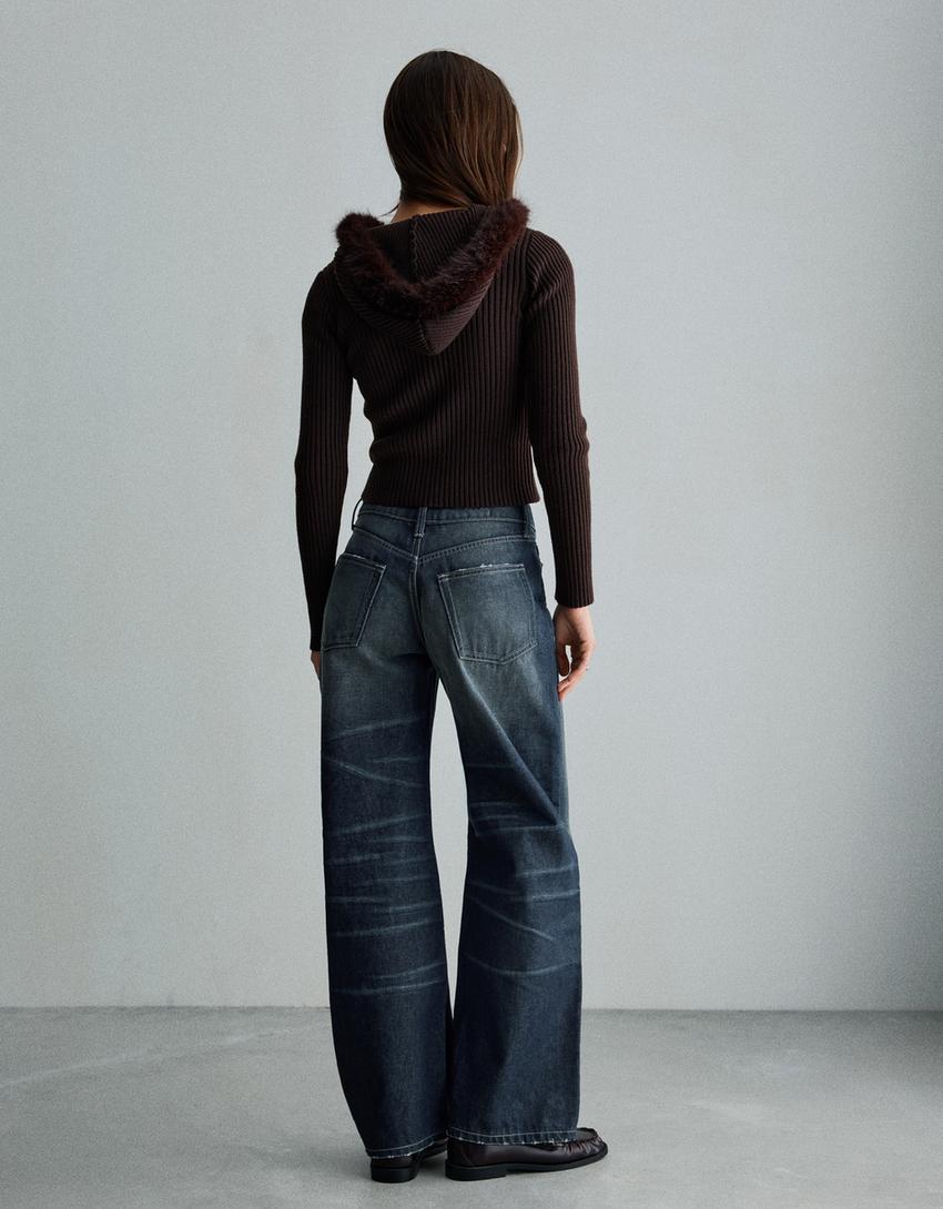 Jeans ample taille basse-Bleu lavé