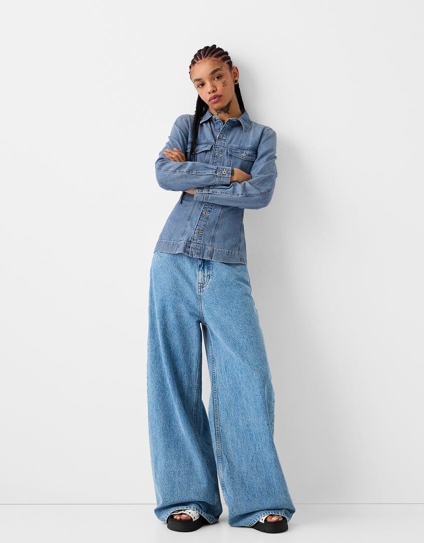 Cepli denim gömlek-Açık mavi-3