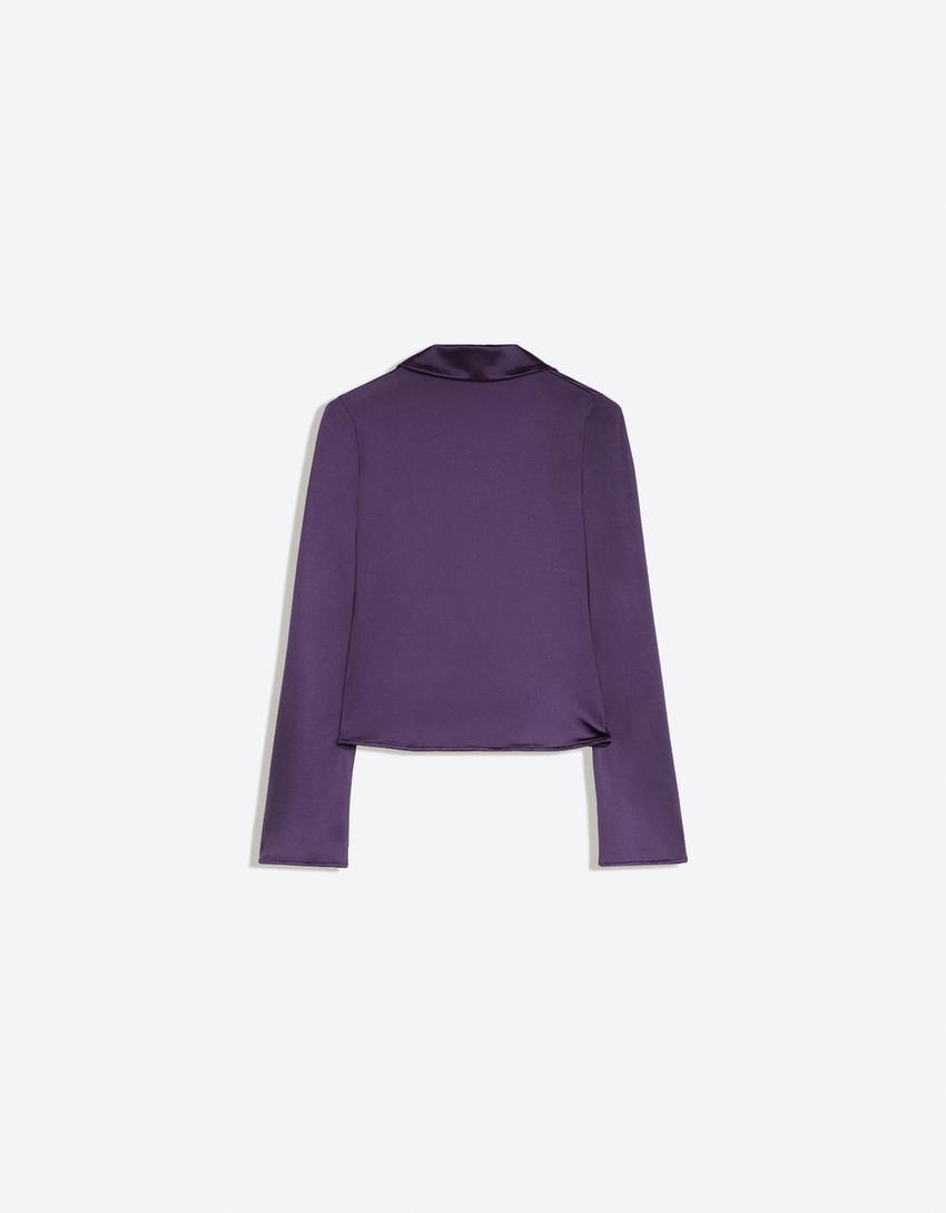 Long sleeve sateen T-shirt with ties-Violet