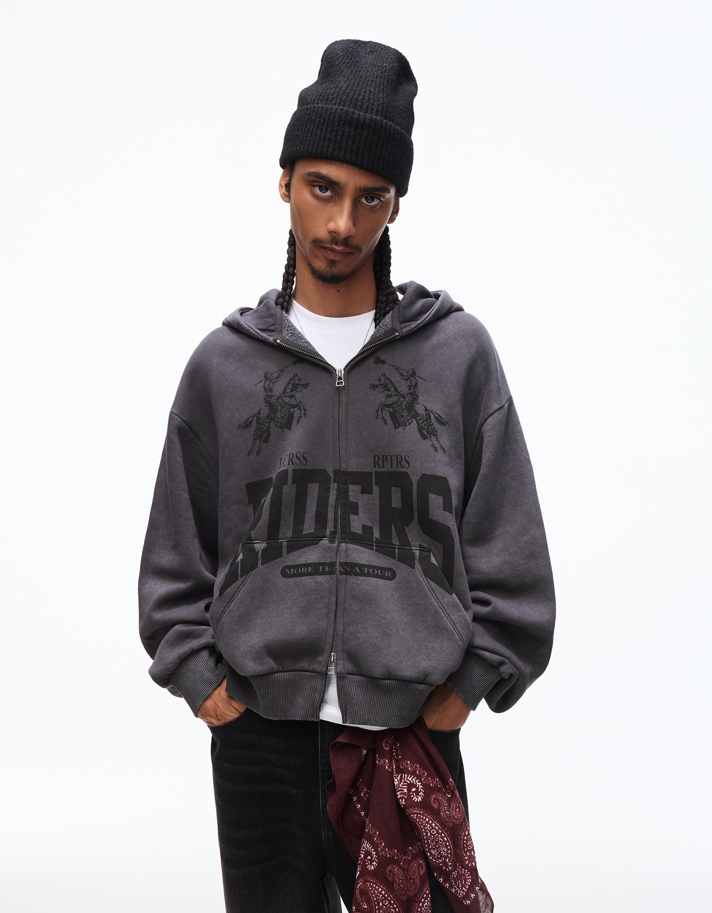 Bershka Boxy-Jacke Mit Reißverschluss Und Print Herren Xs Grau