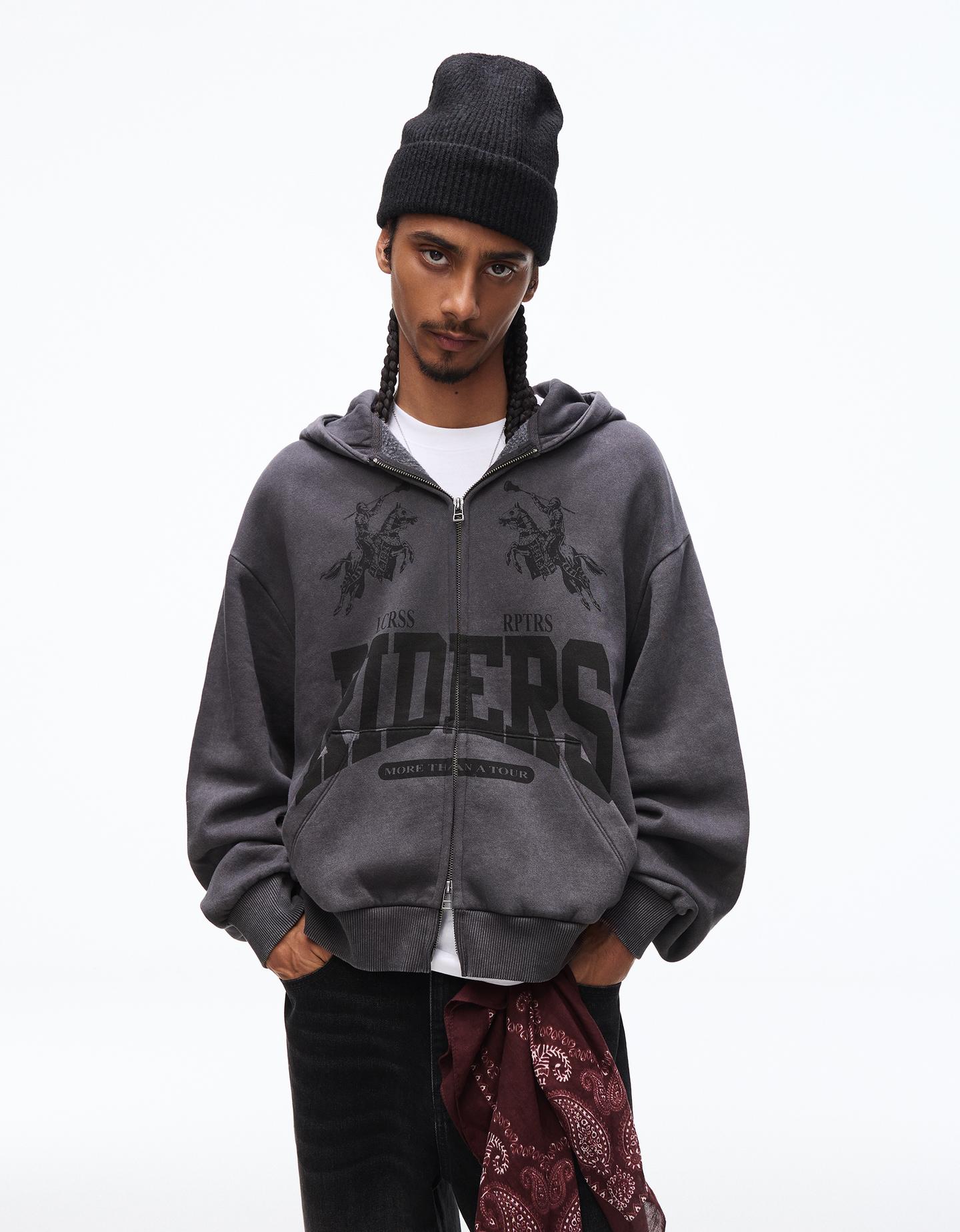 Bershka Giacca Cerniera Boxy Fit Stampa Uomo Xs Grigio