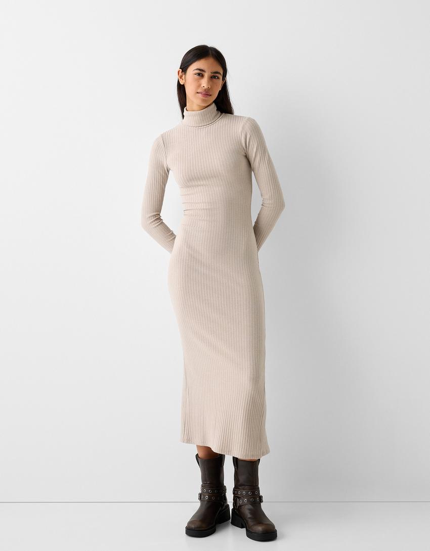 Ribbed knit high neck dress with long sleeves - Women | Bershka Ribbed knit high neck dress with long sleeves - Women | Bershka