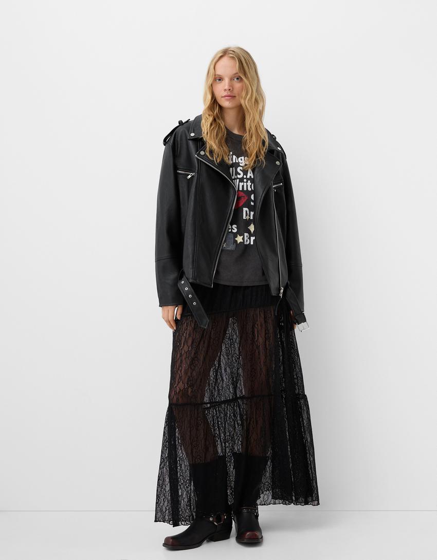 Giubbotto biker effetto pelle oversize-Nero-3