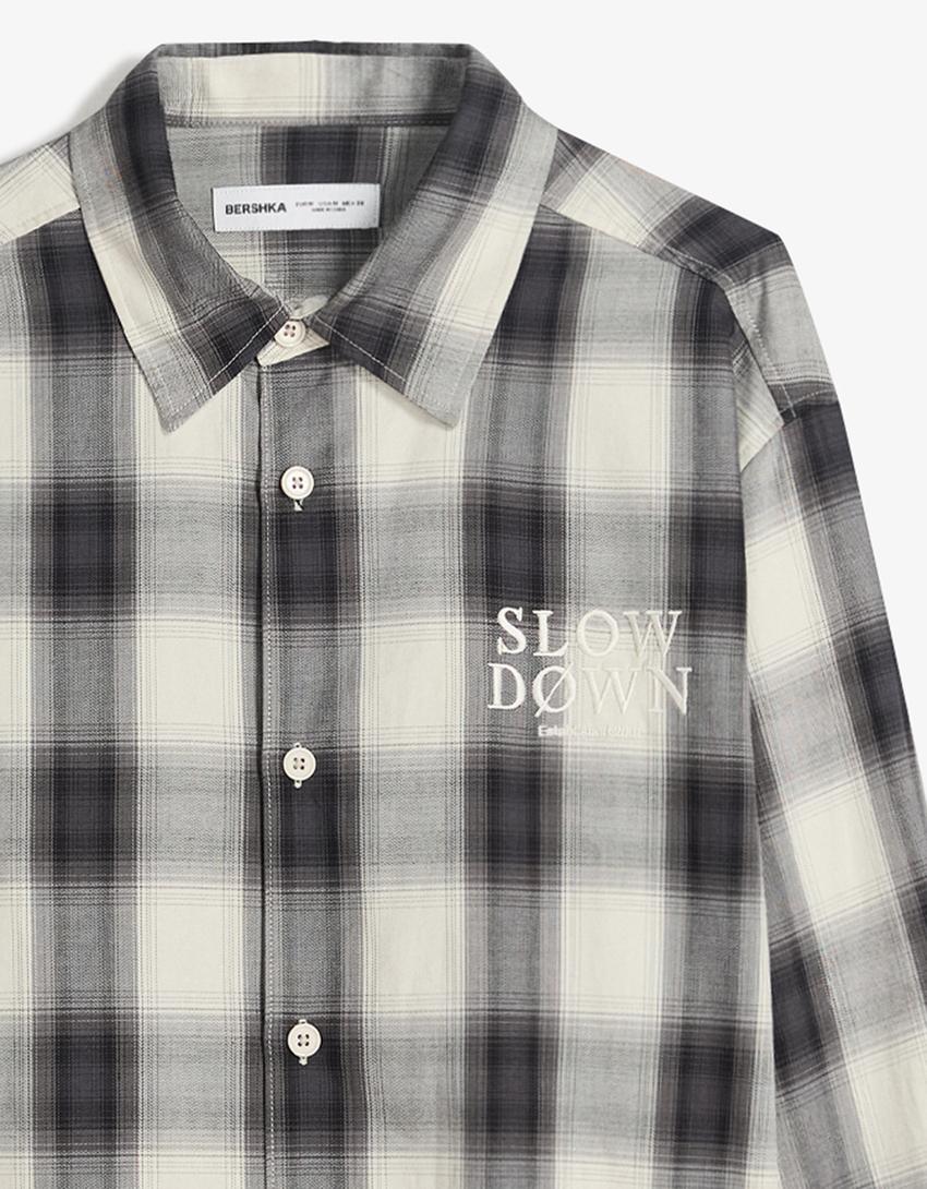 Long-sleeve embroidered check shirt-Grey