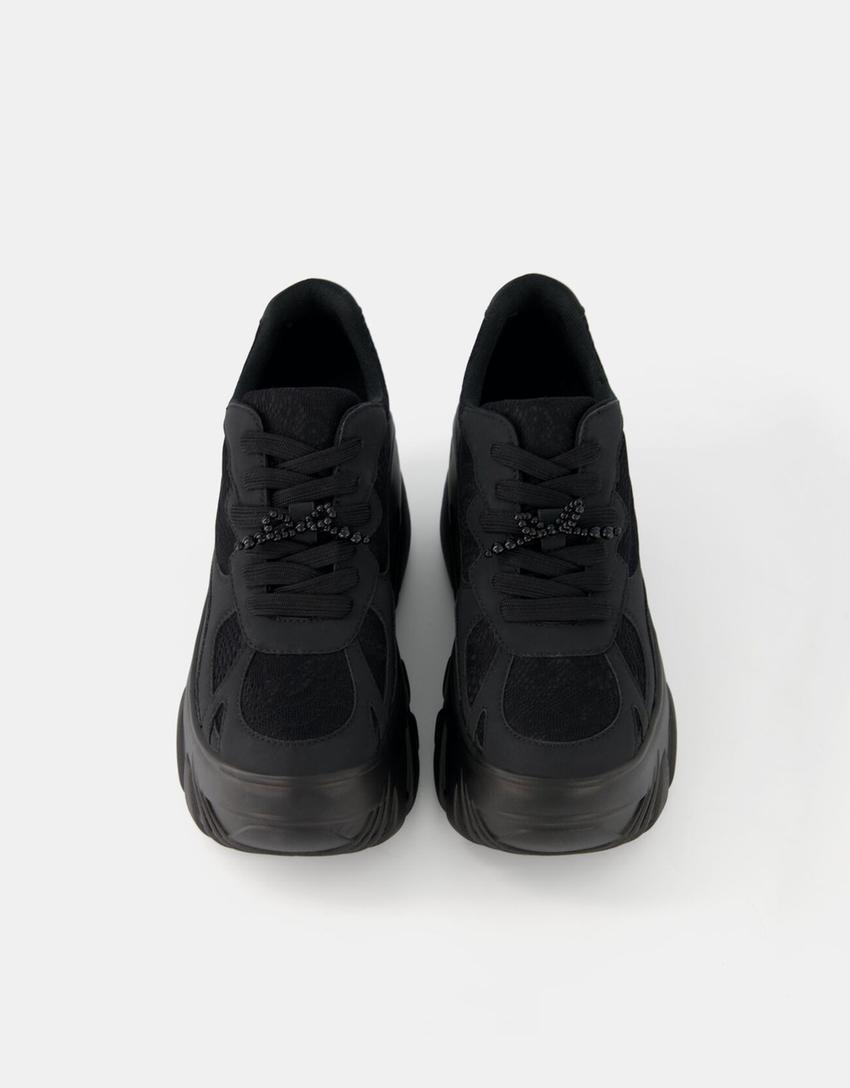Sneakers plateforme XL détail dentelle et nœud de perles-Noir-3