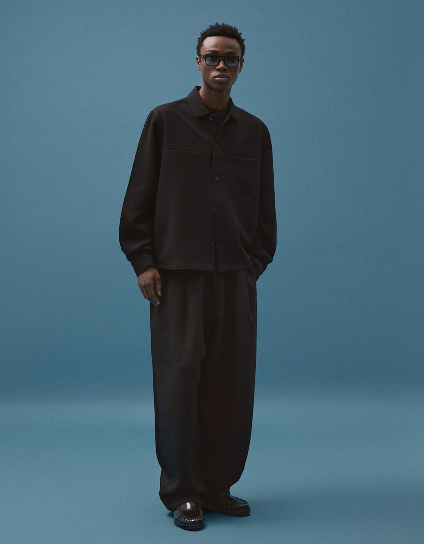 قميص محبوك بأكمام طويلة-أسود