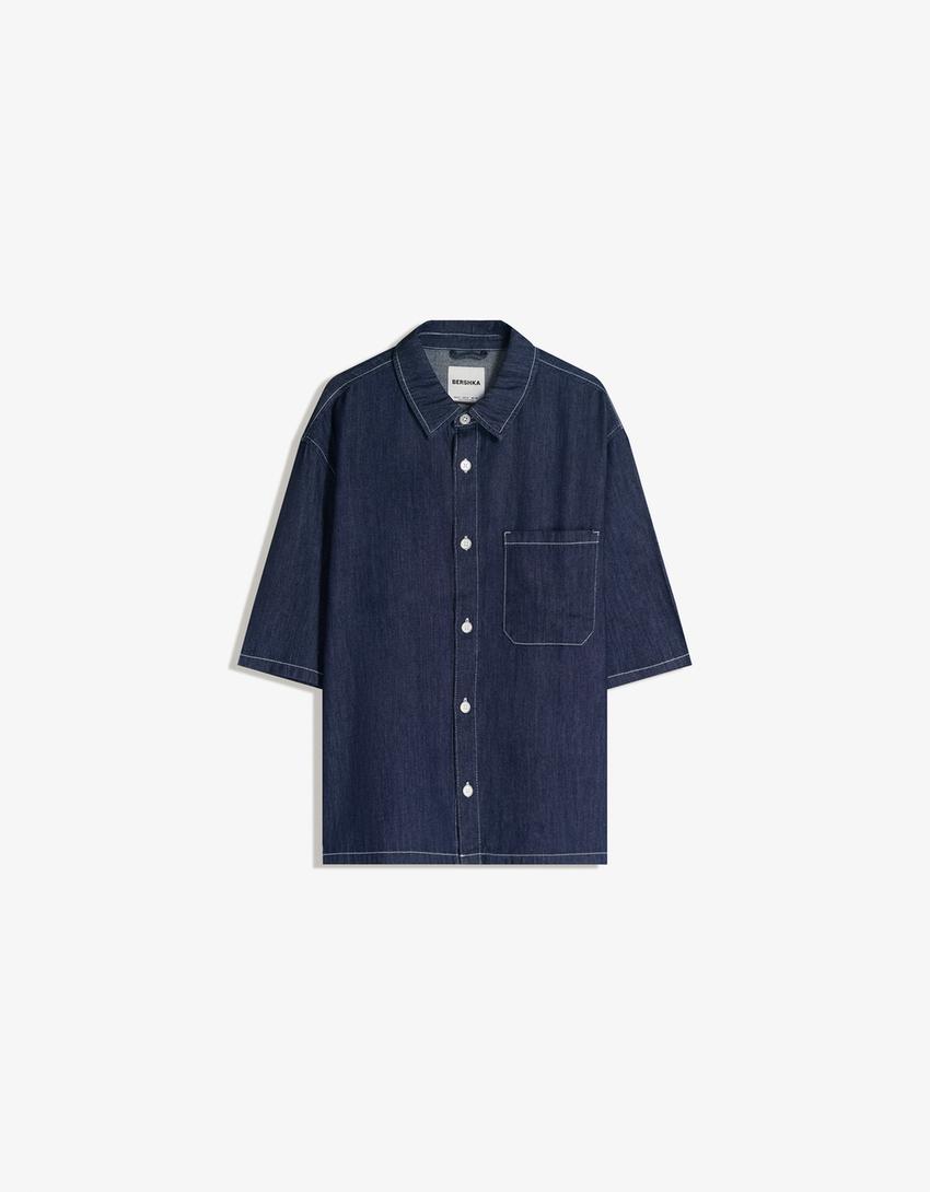 Camisa denim manga corta-Marino