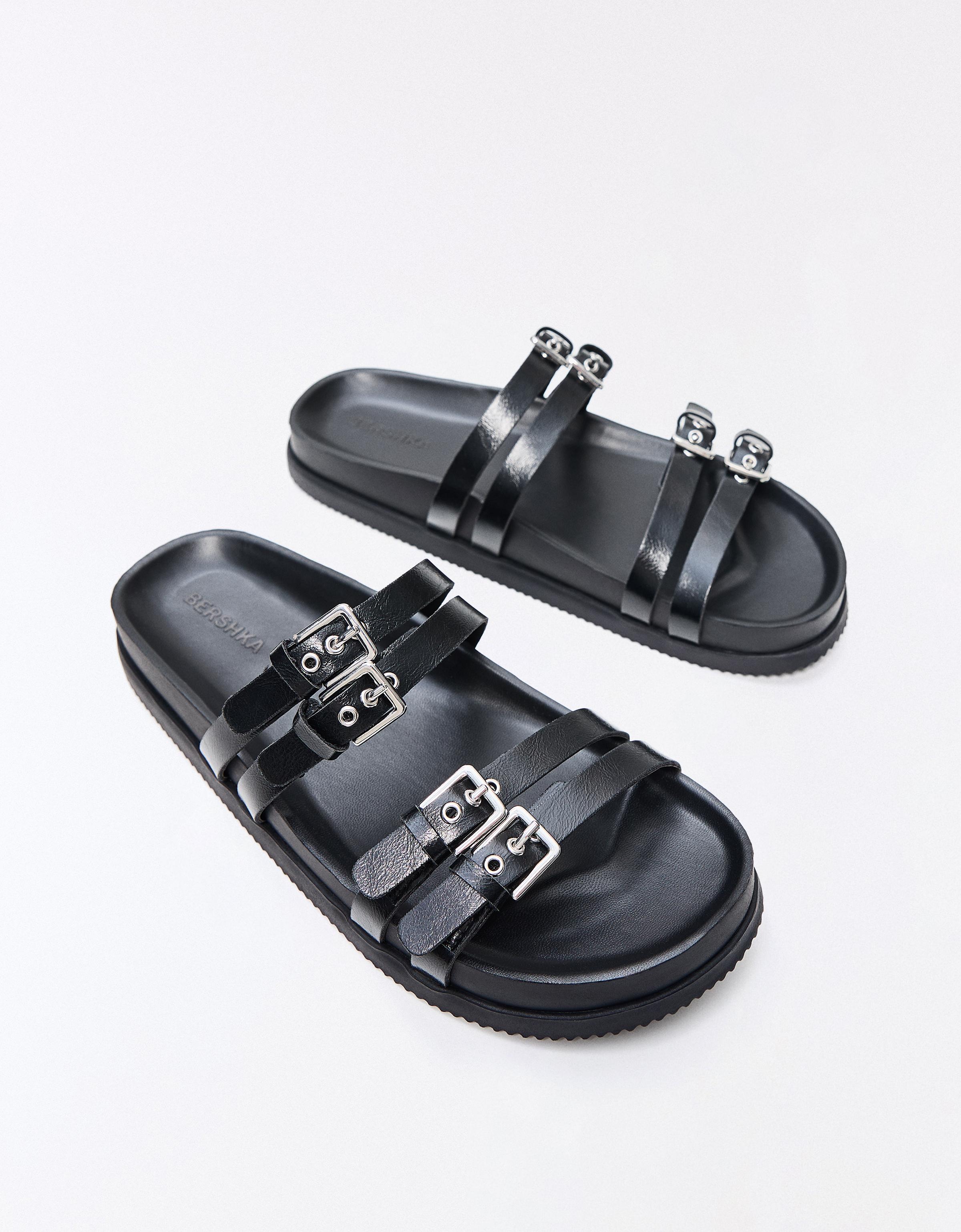 Double buckle flat slider sandals — BLACK