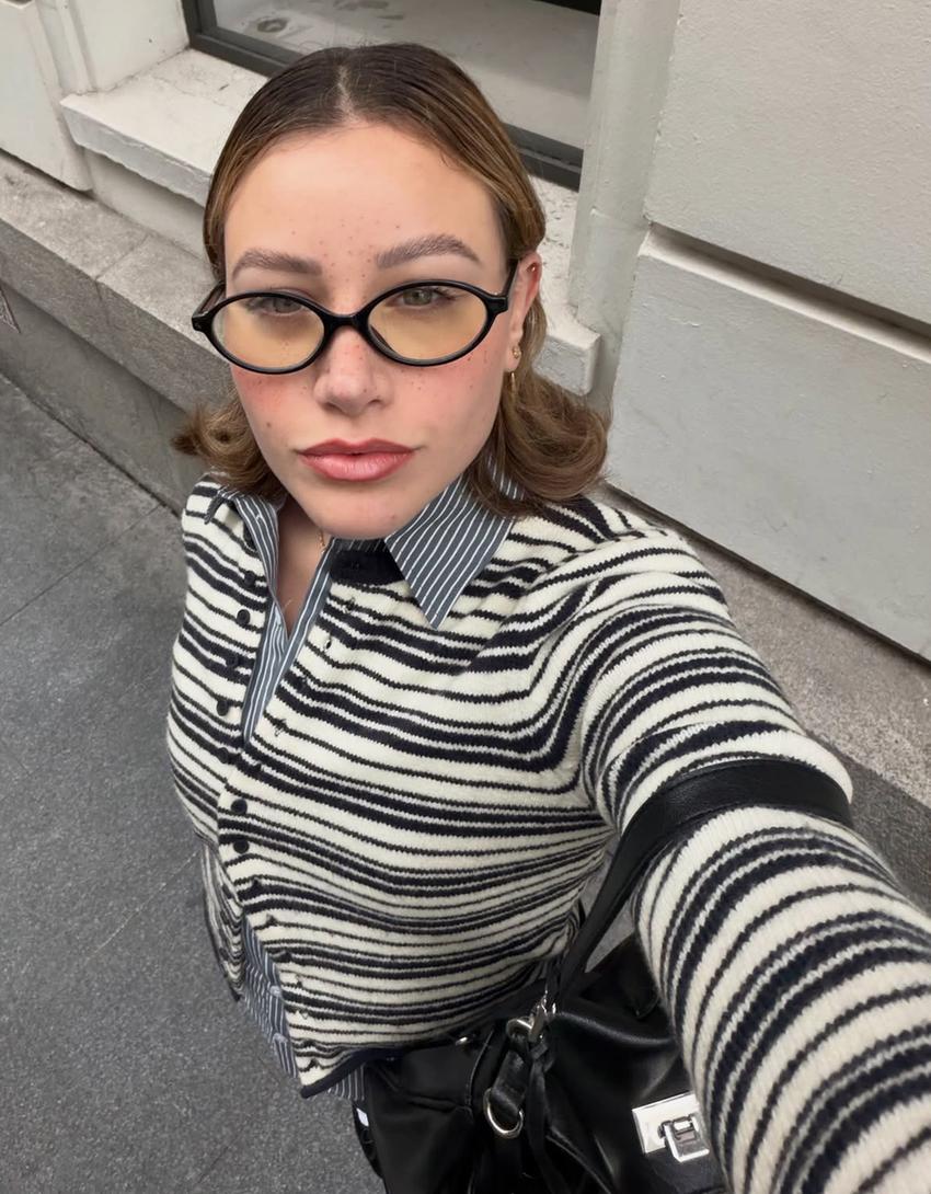 Prugasti pleteni kardigan-Plava