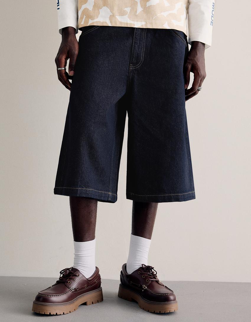 İşlemeli skater denim bermuda-Denizci mavisi