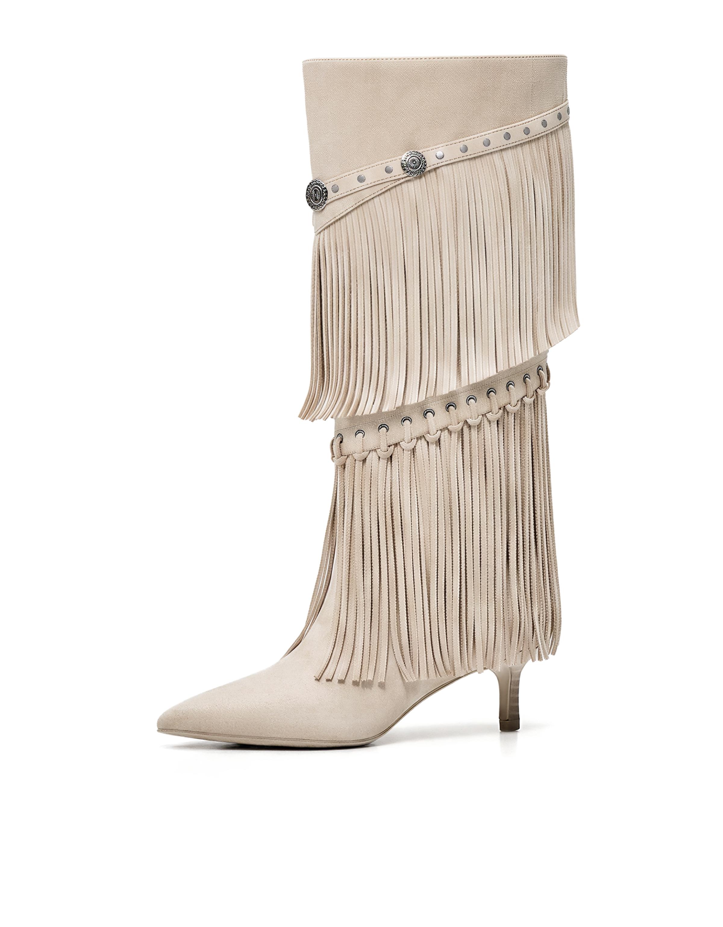 Fringed heeled boots — BEIGE (alternate view)