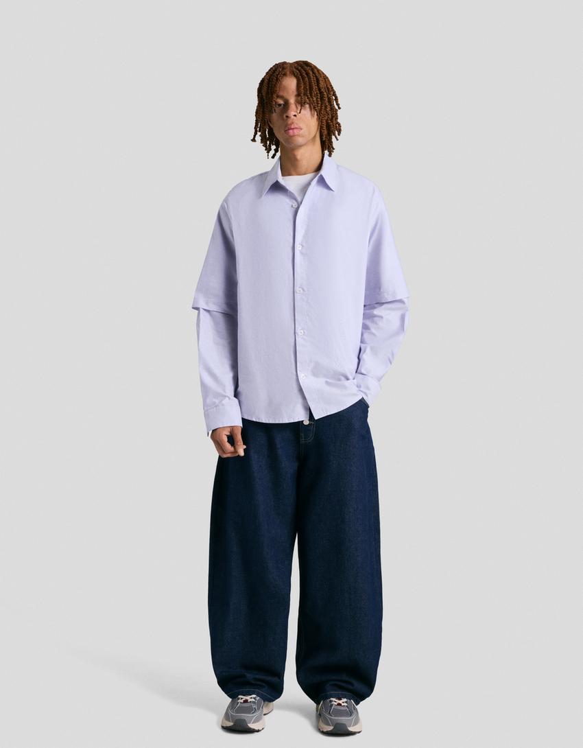 Chemise oversize double manche-Bleu clair
