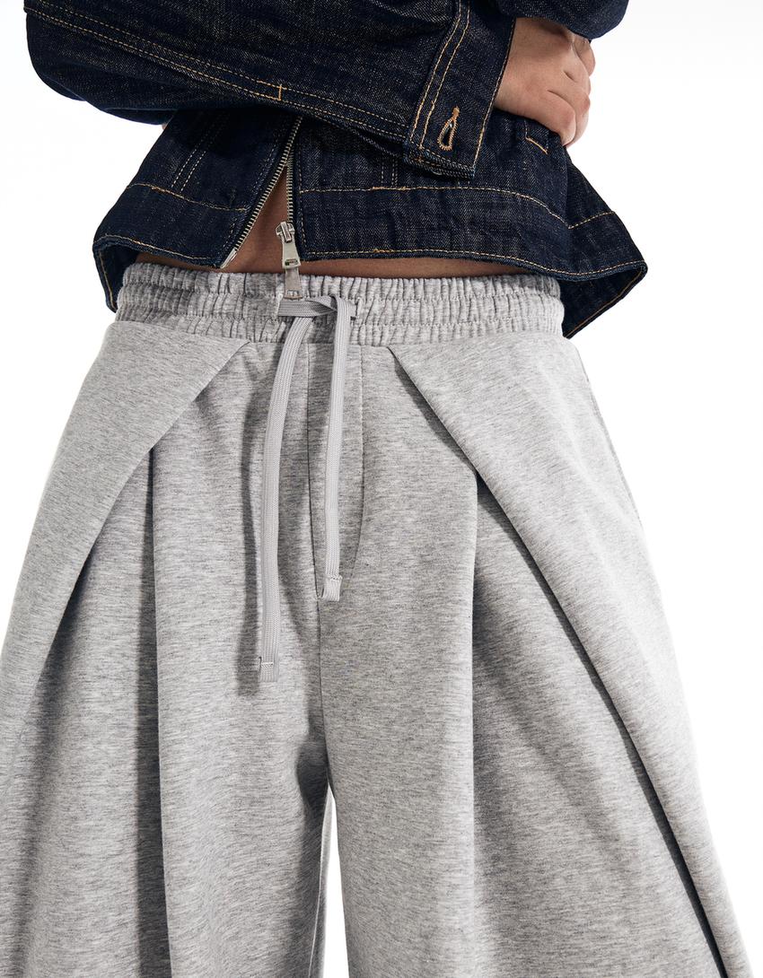 Calça de tecido sintético perna larga com perna larga-Cinza
